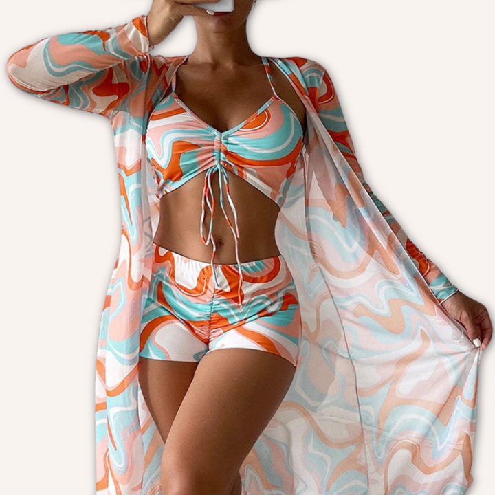 Victoria | Conjunto de bikini de tres piezas con estampado